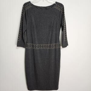CHRIS McLAUGHLIN Charcoal Sheath Career Dress w/Brass Studs Lined Size 8 EUC